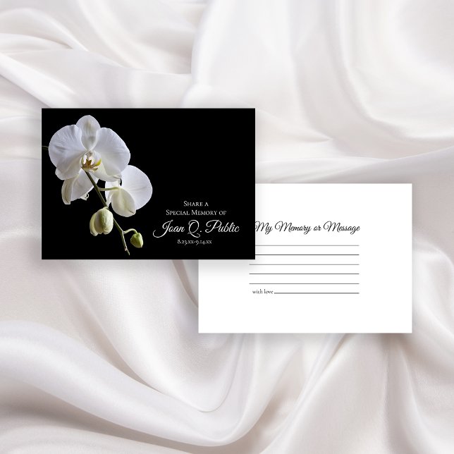 White Orchid on Black Share a Memory Funeral  Card (Creator Uploaded)