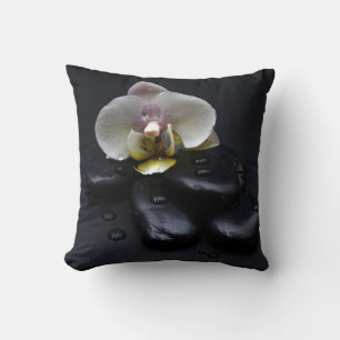 White Orchid On Black Stones Cushion
