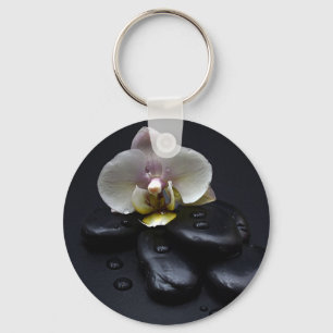 White Orchid On Black Stones Key Ring