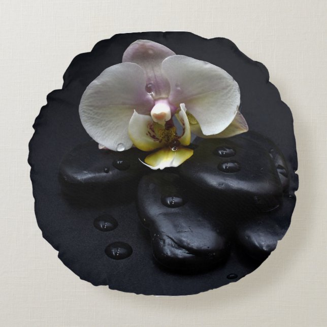 White Orchid On Black Stones Round Cushion (Front)