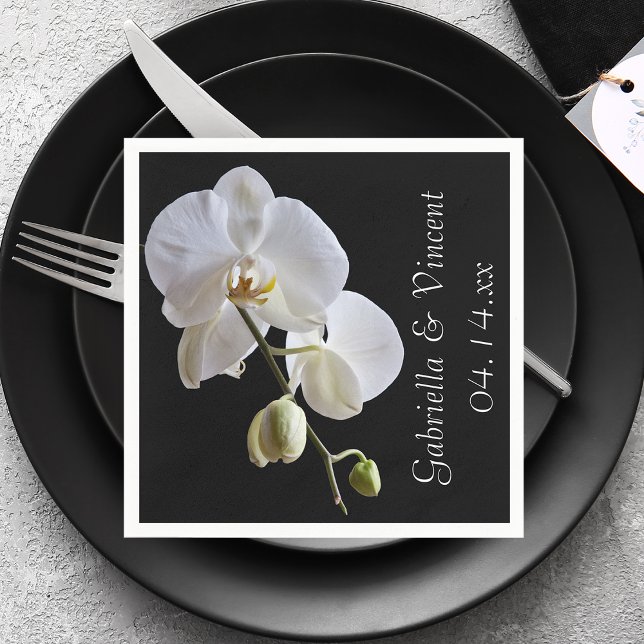 White Orchid on Black Wedding Napkin (Creator Uploaded)