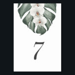 White Orchid on Monstera Tropical Wedding Table Number<br><div class="desc">A lovely neutral colour scheme for a tropical themed wedding, this table number design features a trio of white orchids on a large Monstera leaf. The soft watercolors add an artistic quality to the design. Simple and elegant with a minimalist look energised by the botanical elements, this design has fresh...</div>