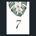 White Orchid on Monstera Tropical Wedding Table Number<br><div class="desc">A lovely neutral colour scheme for a tropical themed wedding, this table number design features a trio of white orchids on a large Monstera leaf. The soft watercolors add an artistic quality to the design. Simple and elegant with a minimalist look energised by the botanical elements, this design has fresh...</div>