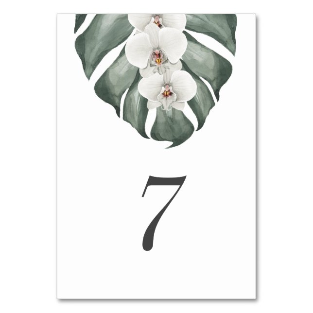 White Orchid on Monstera Tropical Wedding Table Number (Front)