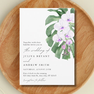 White Orchid on Tropical leaf script wedding Invitation