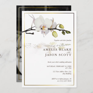White Orchid on White   Gold Frame   Photo Wedding Invitation
