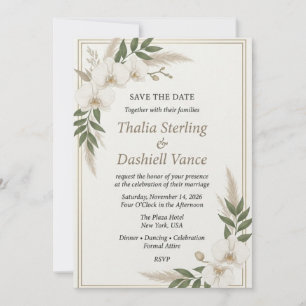 White Orchid, Pampas Grass, Gold Border Frame, and Invitation