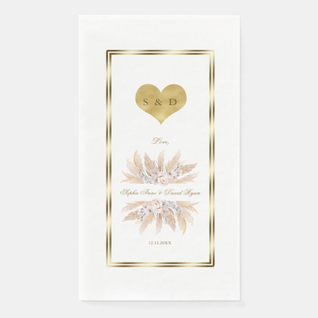 White Orchid Pampas Grass Roses Monogram Wedding Napkin (Front)