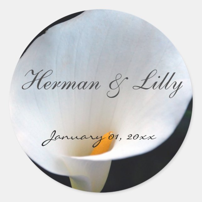 White Orchid Personalised Round Wedding Sticker (Front)