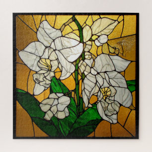 🤍 White Orchid Stained Glass Art Jigsaw Puzzle