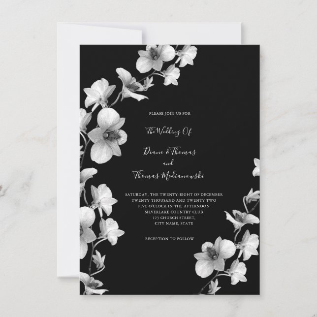 White Orchid Vine on Black Wedding Invitation (Front)