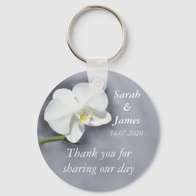 White Orchid Wedding Favour Key Ring (Front)