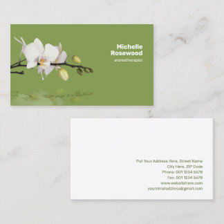 White Orchid with Reflection on Water Green Business Card
