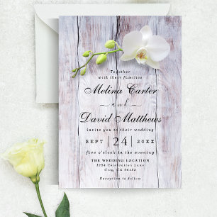 White Orchid Wooden Background Wedding Invitation