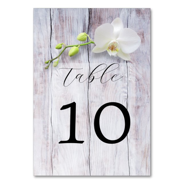White Orchid Wooden Background Wedding Table Number (Front)