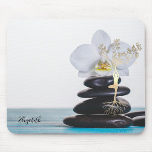 White Orchid,Zen Stones,Gold Tree Silhouette Mouse Pad
