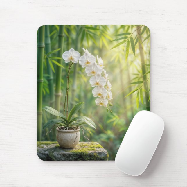 White Orchids and Bamboo Mouse Pad (With Mouse)