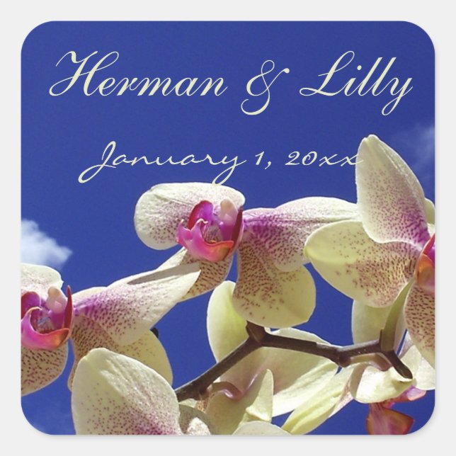 White Orchids and Blue Sky Personalised Wedding Square Sticker (Front)