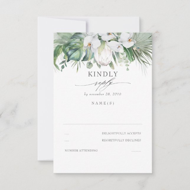 White Orchids and King Protea Wedding RSVP (Front)