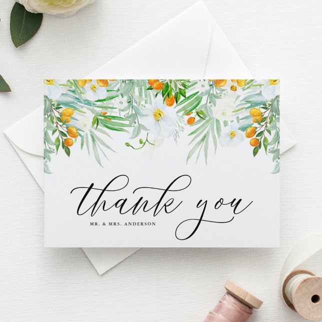 White Orchids and Kumquat Garland Tropical Wedding Thank You Card (Creator Uploaded)