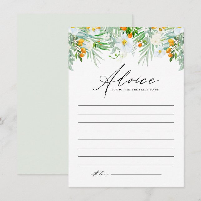 White Orchids and Kumquats Tropical Bridal Shower Advice Card (Front/Back)