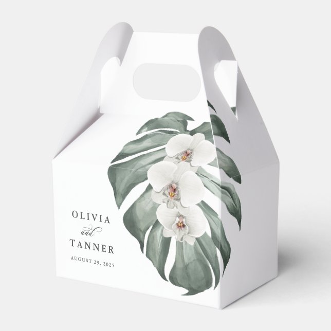 White Orchids and Monstera Leaf Tropical Floral Favour Box (Front Side)