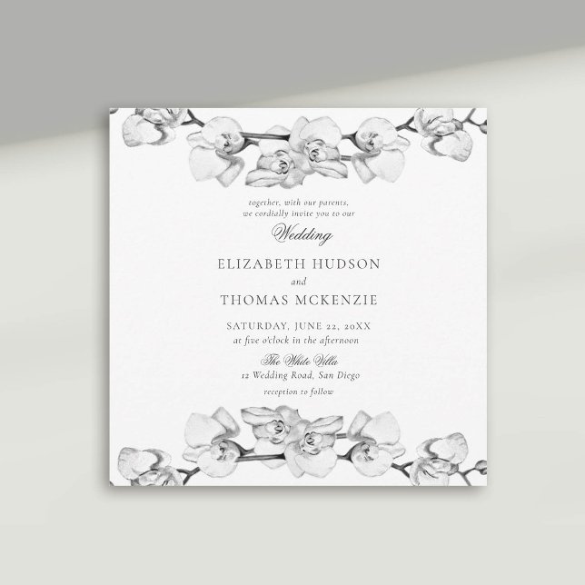 White Orchids Art Sketch Modern Romantic Wedding Invitation (white orchid wedding invitation modern classic art sketch black white)