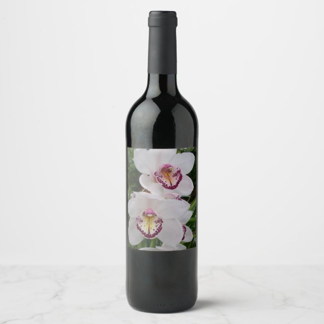 White Orchids Beautiful Tropical Flowers Wine Label (Front)