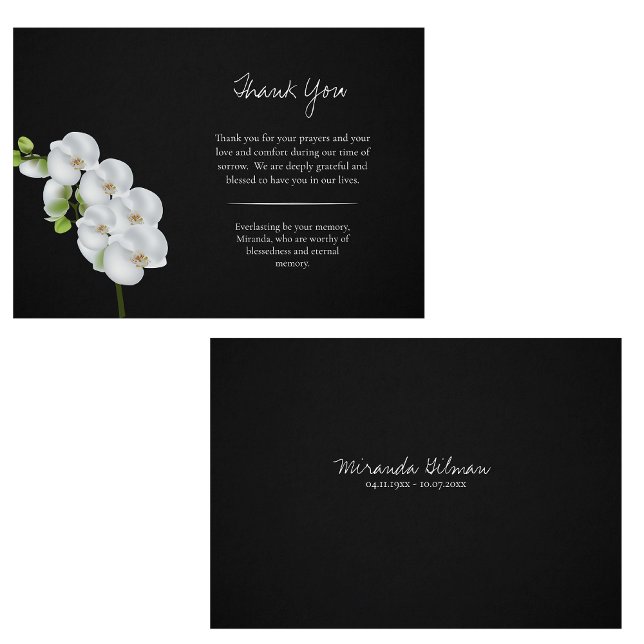 White Orchids Black Background Orthodox Funeral    Thank You Card (Creator Uploaded)