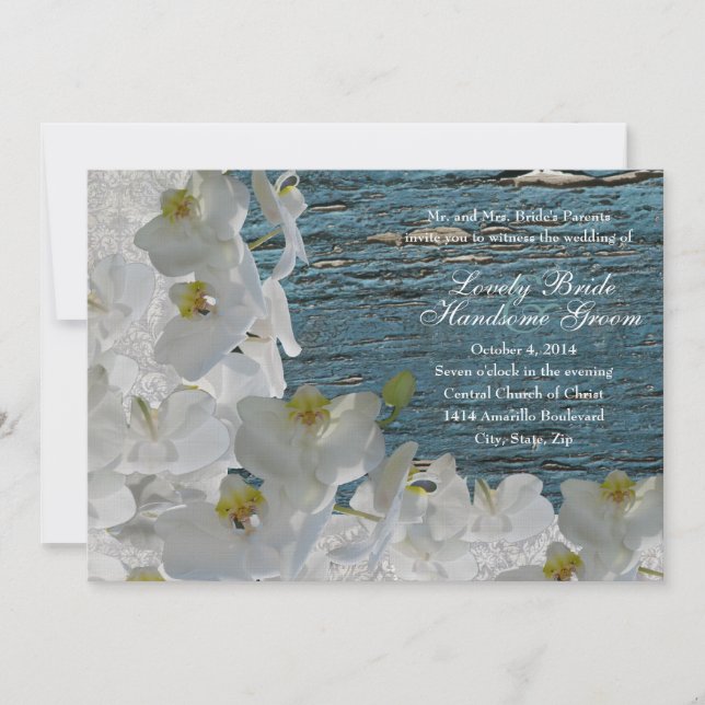 White Orchids Blue Wood Damask Wedding Invitation (Front)