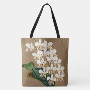 White Orchids Botanical Print, Tan Background Tote Bag