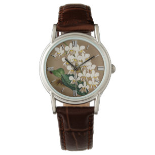 White Orchids Botanical Print, Tan Background Watch