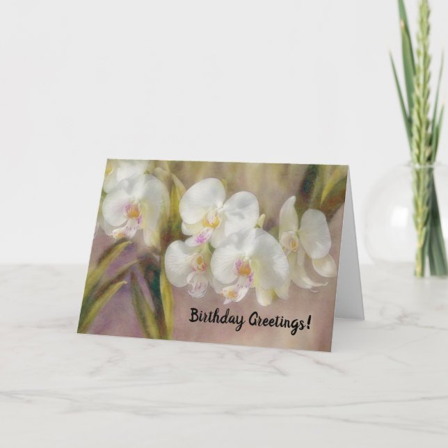 White Orchids Flower Art Birthday Card (Front)