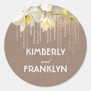 White Orchids Gold Glitter Vintage Wedding Classic Round Sticker