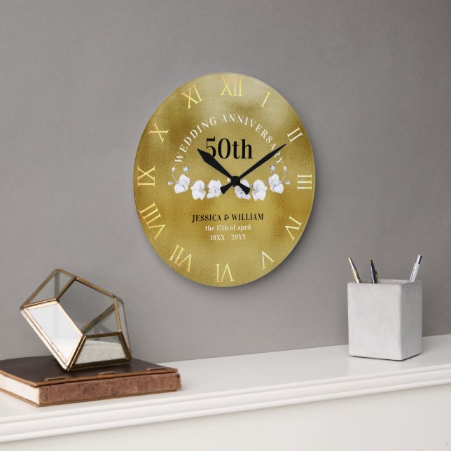 White Orchids Gold Wedding Anniversary Keepsake Large Clock (Office)