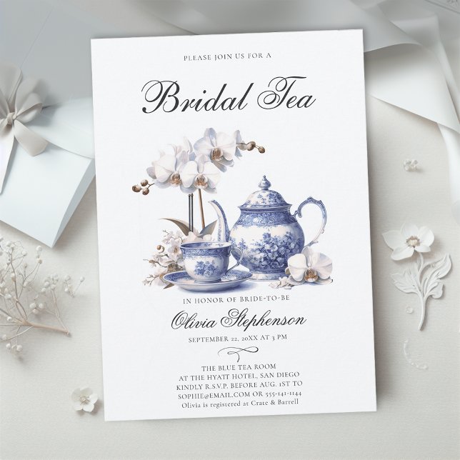  White Orchids Hampton Toile Bridal Tea Shower Invitation (bridal tea party white orchids french toile hampton style something blue invitation modern elegant)
