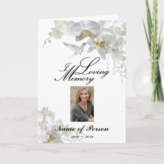 White Orchids Hummingbird Flowers Funeral Program (Front)