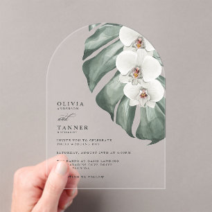 White Orchids Modern Arch Tropical Wedding Acrylic Invitations