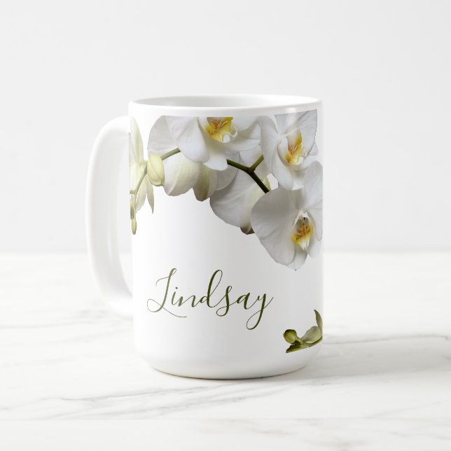 White Orchids Name Template Elegant Gift Mug (Front Left)
