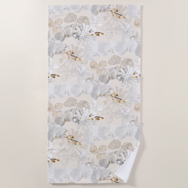 White orchids on a light cream  beach towel (Front)