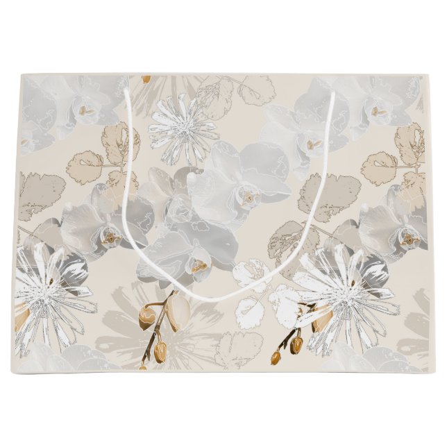 White orchids on a light cream  large gift bag (Front)