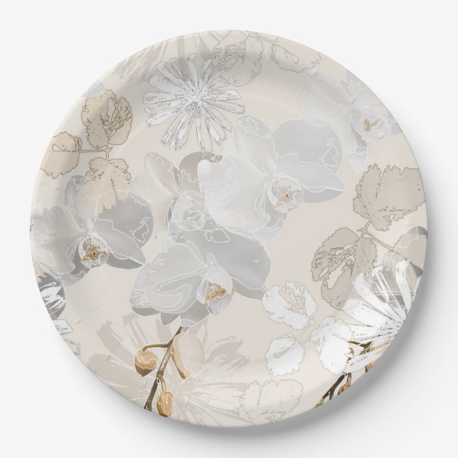 White orchids on a light cream   paper plate (Front)