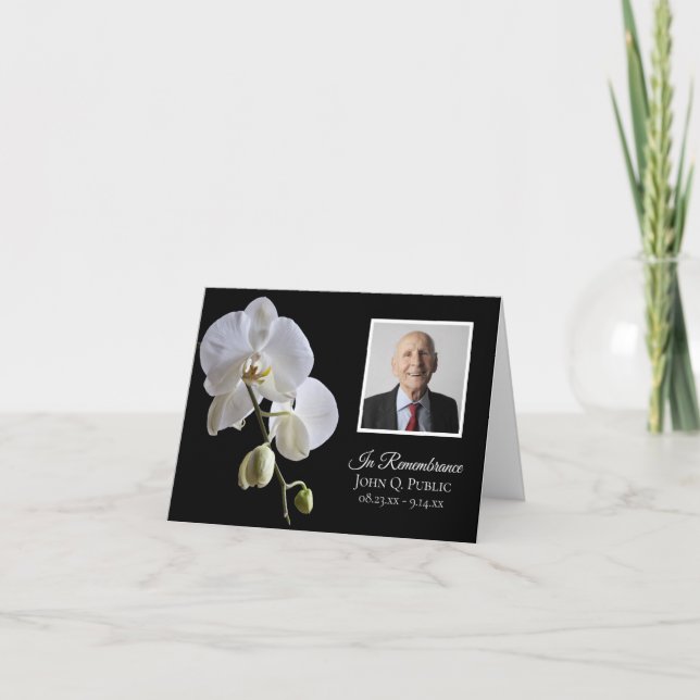 White Orchids on Black Funeral Sympathy Thank You Card (Front)