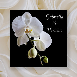 White Orchids on Black Wedding Invitation