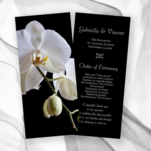 White Orchids on Black Wedding Programs (Creator Uploaded)
