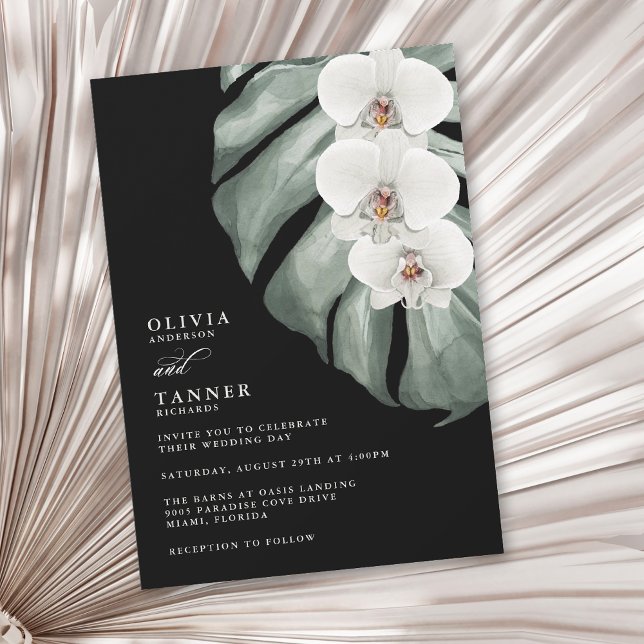 White Orchids on Monstera Black Tropical Wedding Invitation (Available in printed and paperless digital download!)
