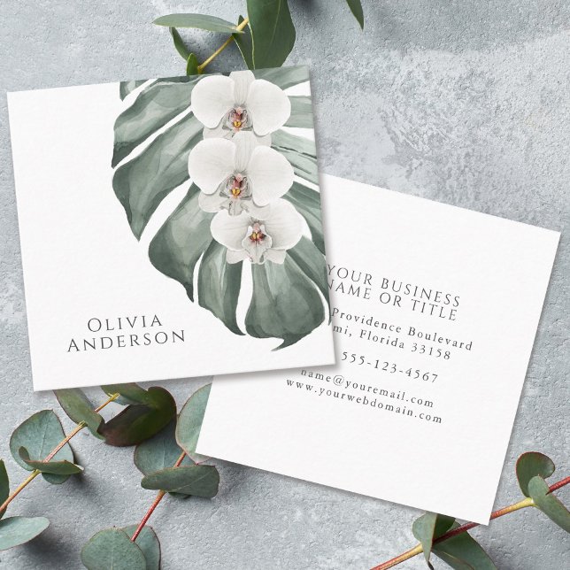 White Orchids on Monstera Tropical Botanical Square Business Card (Creator Uploaded)