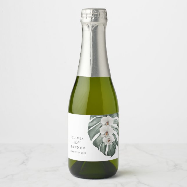 White Orchids on Monstera Tropical Paradise Sparkling Wine Label (Front)