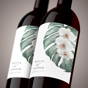 White Orchids on Monstera Tropical Paradise Wine Label
