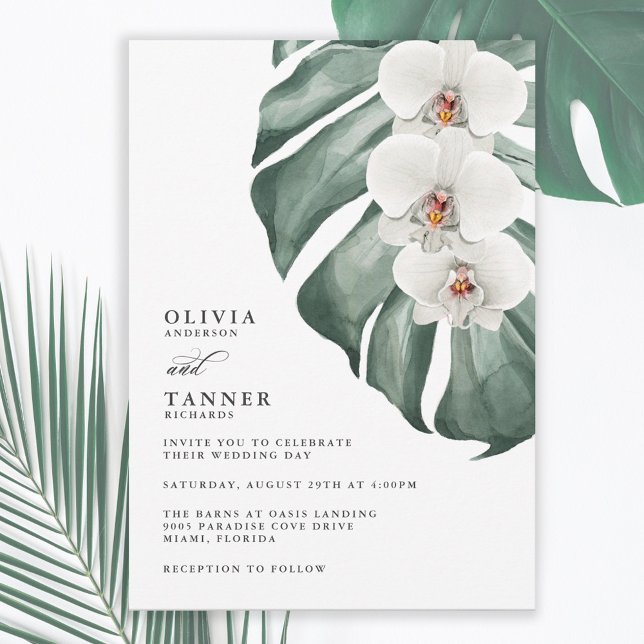 White Orchids on Monstera Tropical Wedding Invitation (Creator Uploaded)